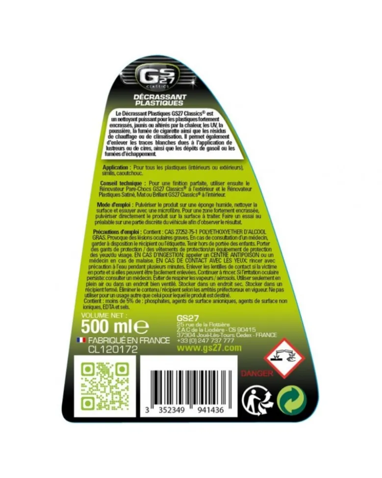 Décrassant, nettoyant plastiques, voiture 500ml - GS27