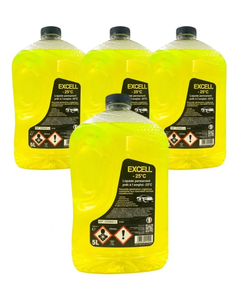 Lot de 4 Liquide de refroidissement, jaune, 5L, EXCELL -25°C - Diframa
