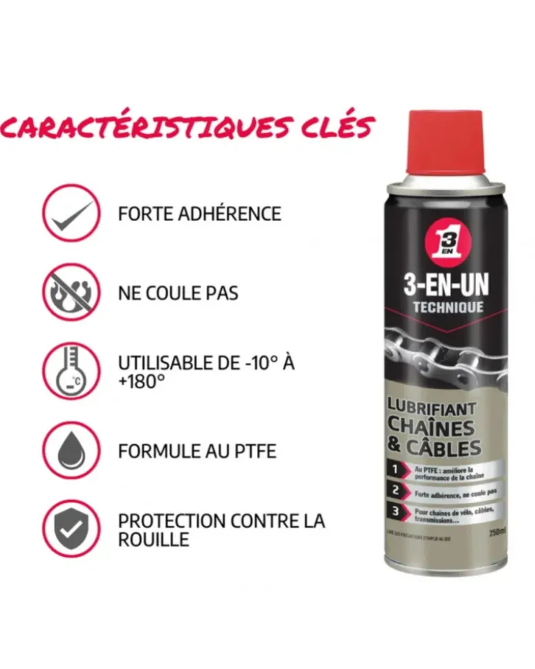 Lubrifiant chaînes et câbles, 250 ml - 3-EN-UN