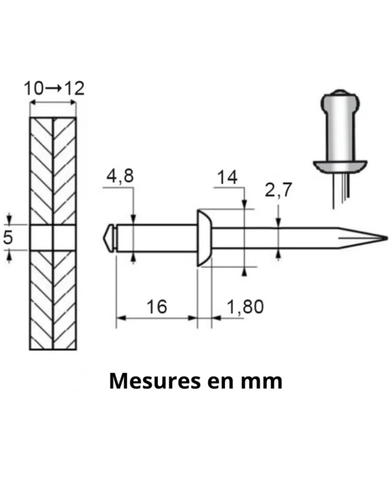 Rivet, tête large, aluminium 4,8 x 16 mm, 48 pcs - Restagraf