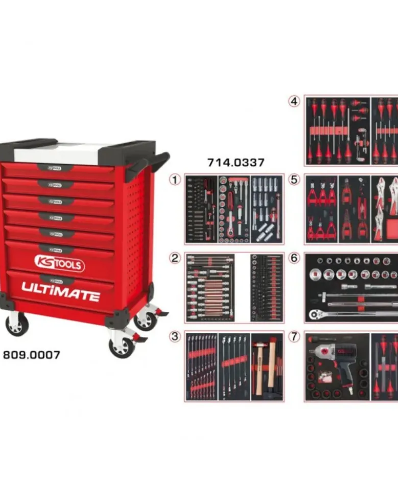 Servante d’atelier, rouge, 7 tiroirs, 337 outils - KS TOOLS
