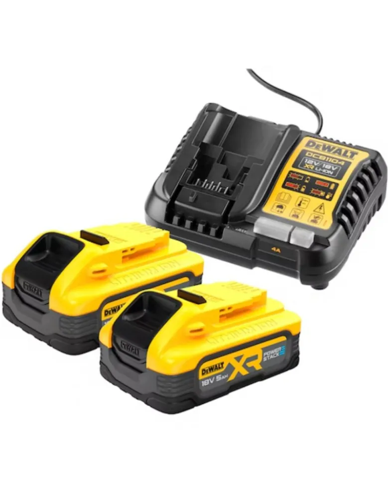 Lot de 2, batterie Dewalt Powerstack, 5ah, XR 18V + chargeur DCB1104 - DEWALT
